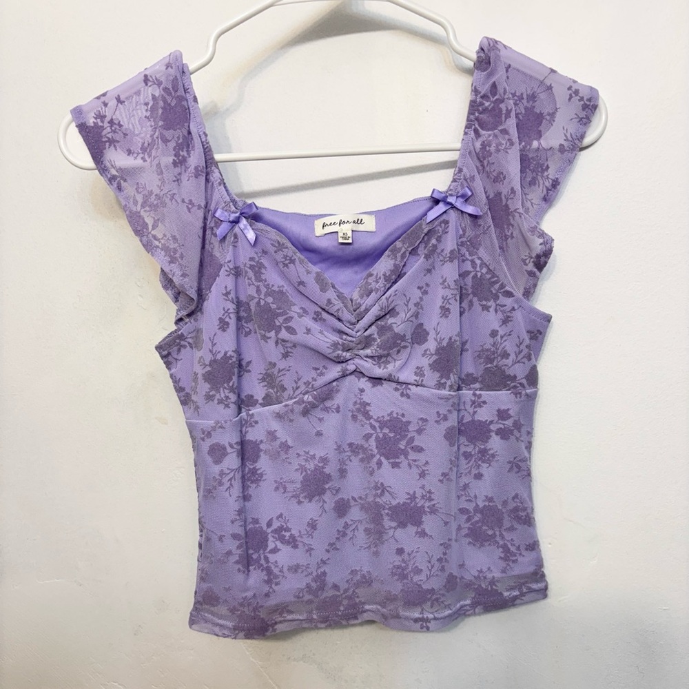 Free For All Purple and Floral Ruffle Sleeved Blouse Woman’s Size XS NWOT